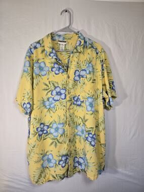 King Size US Mens Size 2X Hawaiian Floral Yellow Shirt Short Sleeve Wood Buttons